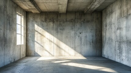 Empty concrete room with sunlight streaming through a window.