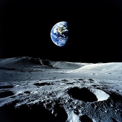 A breathtaking view of Earth rising above a lunar landscape, showcasing the stark contrast between the celestial bodies and the craters on the moon's surface. 

