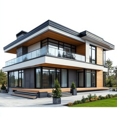 Obraz premium Modern Two-Story Home with Wood and Concrete Accents, Large Windows, Balcony, and Beautiful Landscaping Surrounding the Property.