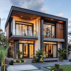Modern Two-Story Home with Wood and Marble Accents, Glass Balcony, and Lush Greenery in Tranquil Setting at Dusk