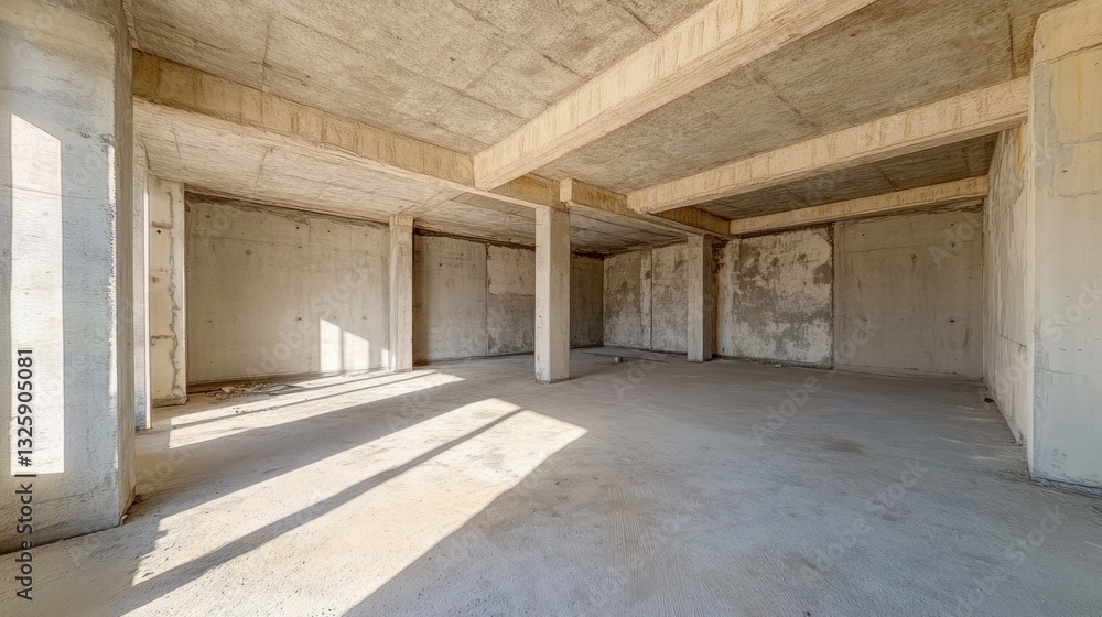 Poster empty concrete shell of a building under construction, showing interior structure, beams, columns, a
