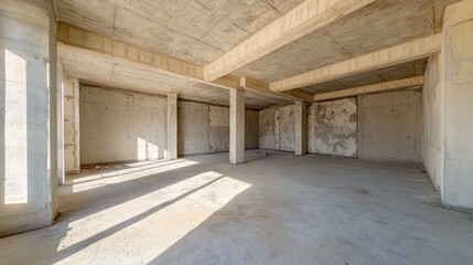 Empty concrete shell of a building under construction, showing interior structure, beams, columns, and sunlight streaming through windows.