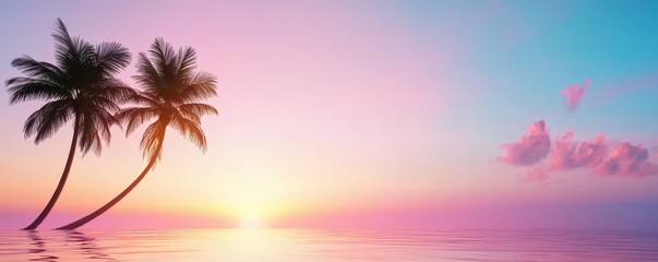 Obraz premium A tranquil sunset scene over water, featuring two palm trees silhouetted against a vibrant pink and blue sky.
