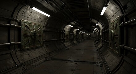 Sci Fi Grunge Cement Asphalt Underground Warehouse Tunnel Corridor Garage Basement Alien Metal Plates Showroom Background Realistic Dark Room 3D Rendering illustration