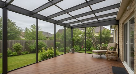 Modern screened porch enclosure with plastic windows and composite floor with summer wood	