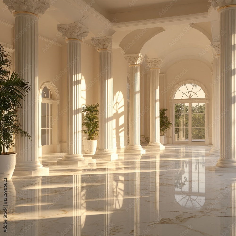 Poster sun-drenched grand hallway: an elegant architectural space with marble floors and classical columns 