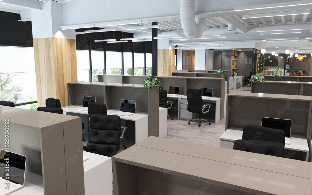 Poster the image shows a large open plan office with desks and chairs arranged in a neat and orderly fashio