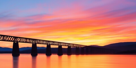 Fototapeta premium A stunning sunset reflects on water beneath a bridge, creating a serene and picturesque landscape.