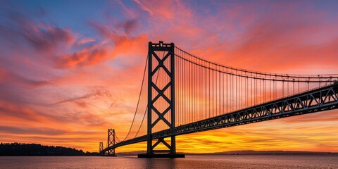 A stunning sunset illuminates a bridge over water, creating a vibrant silhouette against the colorful sky, showcasing a blend of nature and engineering.