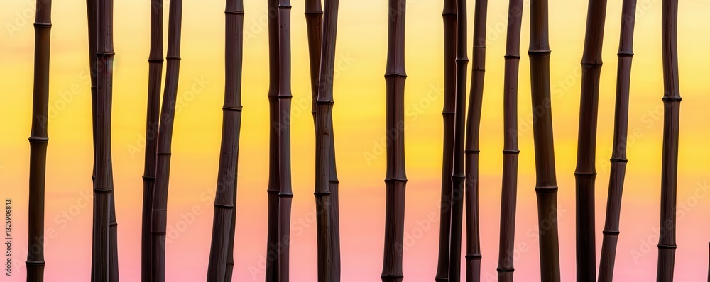 Poster a serene backdrop of bamboo stalks against a vibrant gradient of orange and pink hues, creating a tr