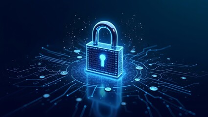 futuristic digital illustration of cryptographic lock symbolizing cybersecurity and online data protection in a high tech environment	