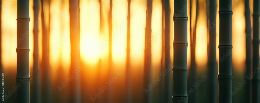 Poster a serene bamboo grove bathed in warm sunlight, creating a tranquil and ethereal atmosphere.