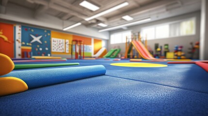 Colorful Play Area with Mats and Equipment for Children’s Activities