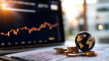 Global finance concept with coins and stock market data
