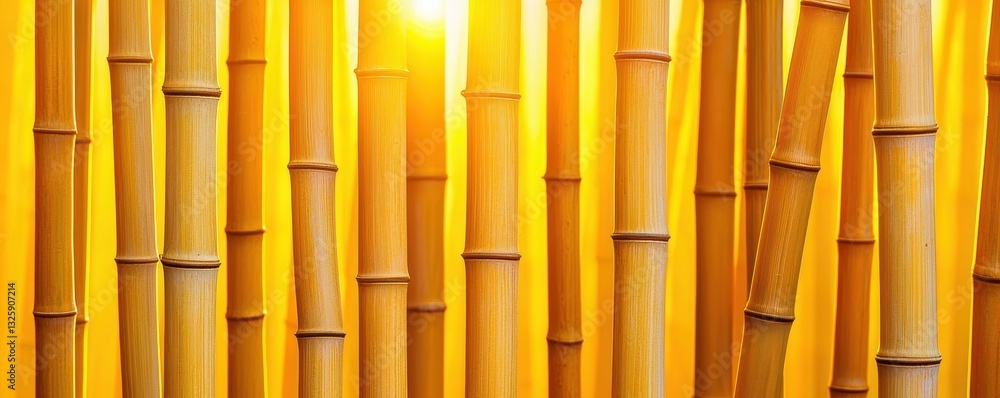 Poster A serene bamboo grove illuminated by warm sunlight, creating a tranquil and inviting atmosphere.