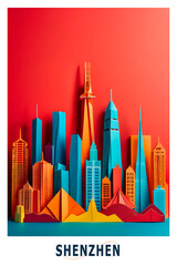 Shenzhen, China city poster in origami style. Layered folded paper image with skyline, panorama, landmarks for flyer, postcard, print