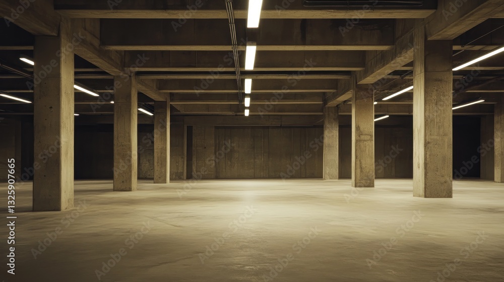 Poster Empty, dimly lit concrete basement with numerous support columns and overhead lighting.