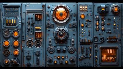 Obraz premium Futuristic Sci Fi Control Panel Interface High Tech Digital Dashboard with Glowing Orange Lights
