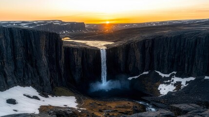 Fototapeta premium Majestic Waterfall Sunset Dramatic Cliffs High Resolution Landscape Photography