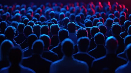 Silhouetted crowd observing event under dramatic red and blue lighting
