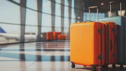 Suitcases in an airport lounge, natural light enhancing textures, symbolizing travel and adventure.