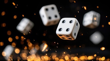 Dice flying through the air with sparkling bokeh background