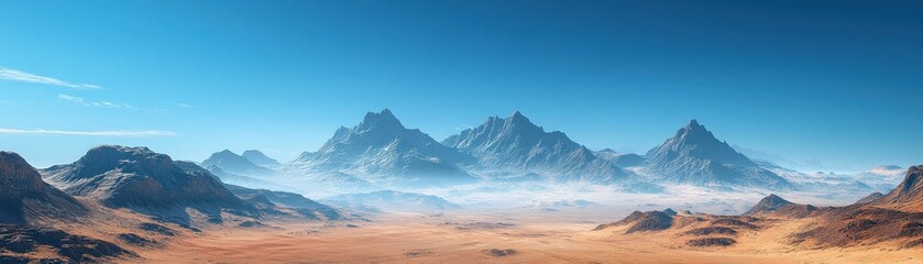 Obraz premium Majestic Mountain Range Under Clear Blue Sky in Vast Desert Landscape with Rolling Hills and Distant Peaks