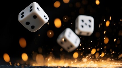 Dynamic shot of dice in mid-air with sparkling background