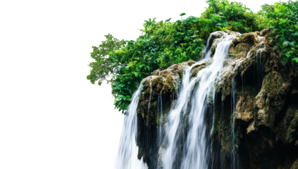 a serene waterfall cascades over rocky terrain surrounded by lush greenery creating a tranquil and picturesque natural scene the bright backdrop emphasizes the water's movement and the vibrant foliage