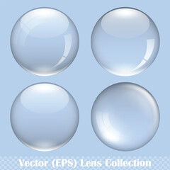 Transparent round lens set, realistic glass sphere for buttons on transparent background