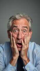 An elderly man with gray hair expresses shock, his hands on his cheeks and wide eyes conveying disbelief. The image captures a moment of genuine surprise, highlighting the mans emotional reaction