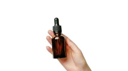 Woman hand holding cosmetic dropper bottle on transparent background