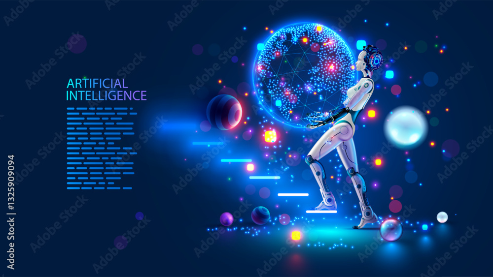 Aufkleber AI. Artificial intelligence learning. Artificial neural networks analysis big data. Artificial intelligence in form of robot lifts Earth by hand on ladder. AI it drives progress. AI learning big data.