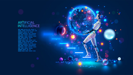 AI. Artificial intelligence learning. Artificial neural networks analysis big data. Artificial intelligence in form of robot lifts Earth by hand on ladder. AI it drives progress. AI learning big data.