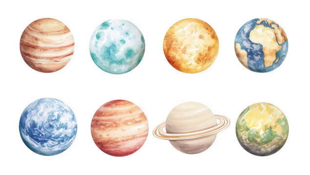 eight illustrated planets showcasing various colors and textures representing different celestial bodies in our solar system emphasizing their unique characteristics - Powered by Adobe