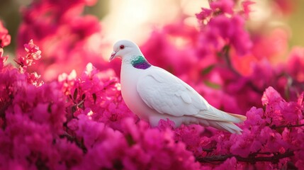 Fototapeta premium White dove perched in pink bougainvillea blossoms, sunrise