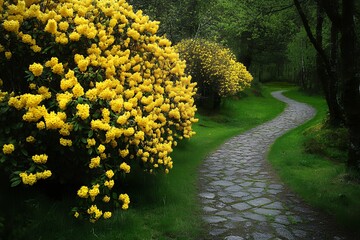Obraz premium Yellow Rhododendron Blossoms along Stone Path Garden Walk Bush View Green Trees Image