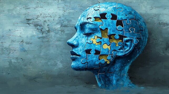 Head splitting into puzzle pieces representing fragmented thoughts and self reconnection