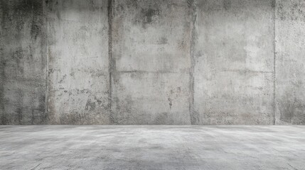 Empty grey concrete room with textured walls and floor.