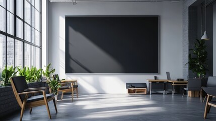 Blank blackboard empty blackboard office. Modern Office Interior Design with Large Black Canvas and Sunlight