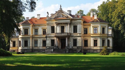 Grand historic mansion with ornate architecture surrounded by lush greenery