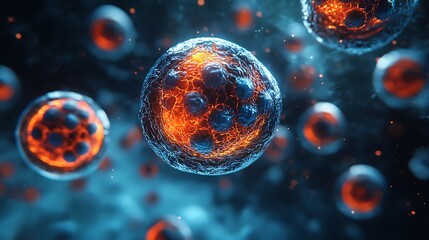 Naklejka premium Microscopic Cellular Structure Glowing Blue and Orange Biomedical Research Abstract Science
