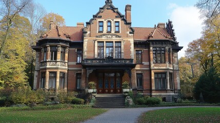 Historic european manor house in autumn with rich architectural details