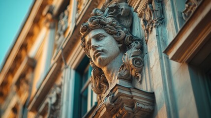 Ornate architectural stone carving of classical female face in sunlight