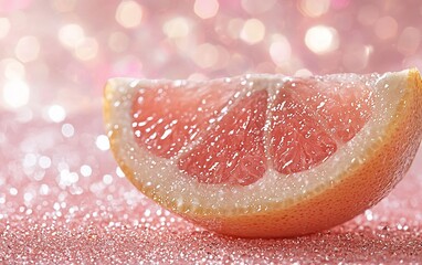 Close-up of a juicy pink grapefruit slice on a sparkly pink surface.