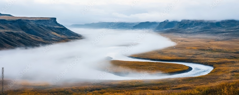 Poster exploring nature hidden gem concept. a winding river flows through a misty landscape under a cloudy 