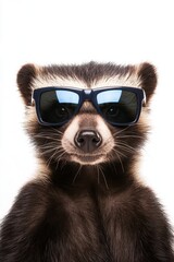 Cute ferret wearing sunglasses, playful pet animal with a fun expression, trendy eyewear, adorable wildlife in studio setting, unique and entertaining portrait.