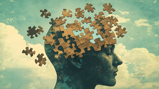 Head splitting into puzzle pieces representing fragmented thoughts and self reconnection