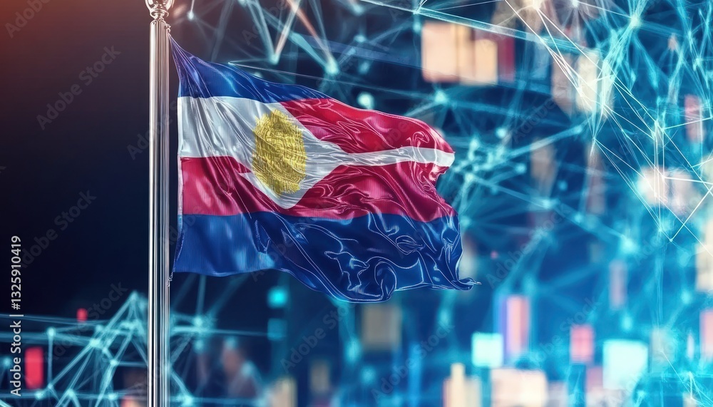 Aufkleber generic state flag waving against digital network abstract background representing connection and da