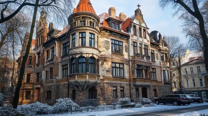 Obraz premium Historic european mansion in winter scene with snow-covered grounds and blue sky